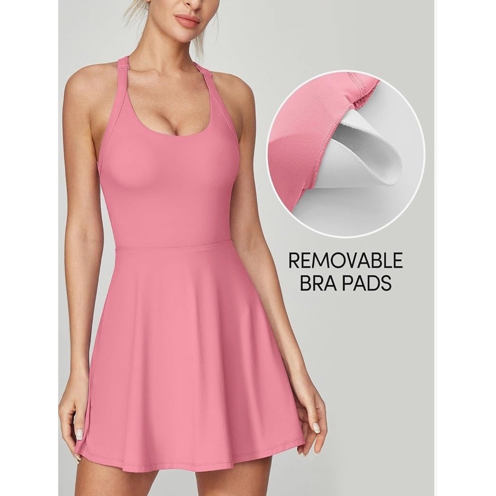 NEW IUGA Pink Tennis Dress with Built-in Shorts and Pockets Small Halter Back